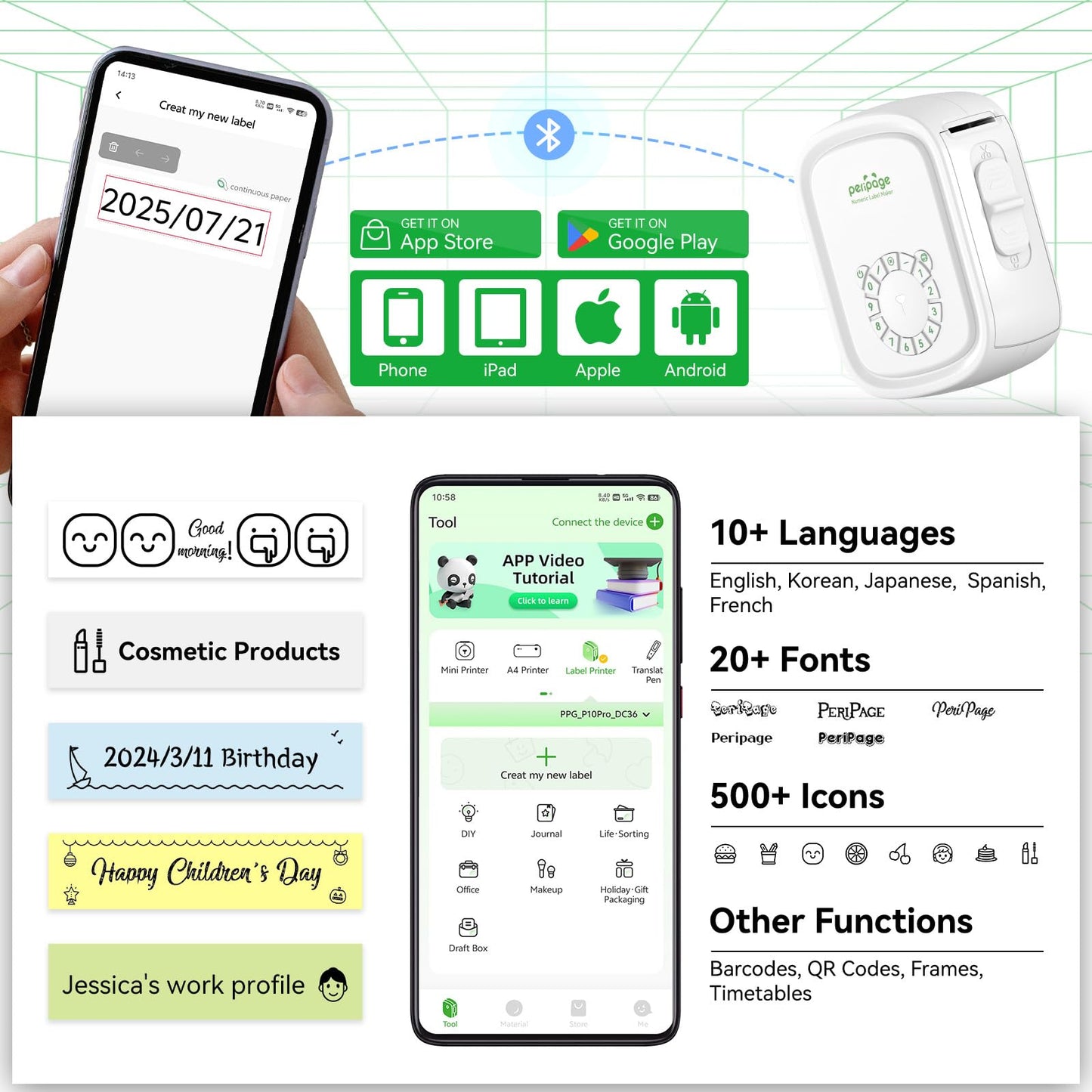 Portable Label Maker Machine P10Pro - Wireless Bluetooth Label Printer with Tape Included, Multiple Templates, Easy to Use for Office and Home Organization, USB Rechargeable（White）