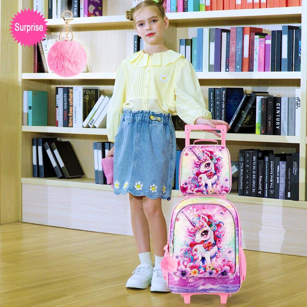 3PCS Rolling Backpack for Girls Boys, Kids Roller Wheeled Bookbag with Lunch Box, Backpacks with Wheels for Elementary