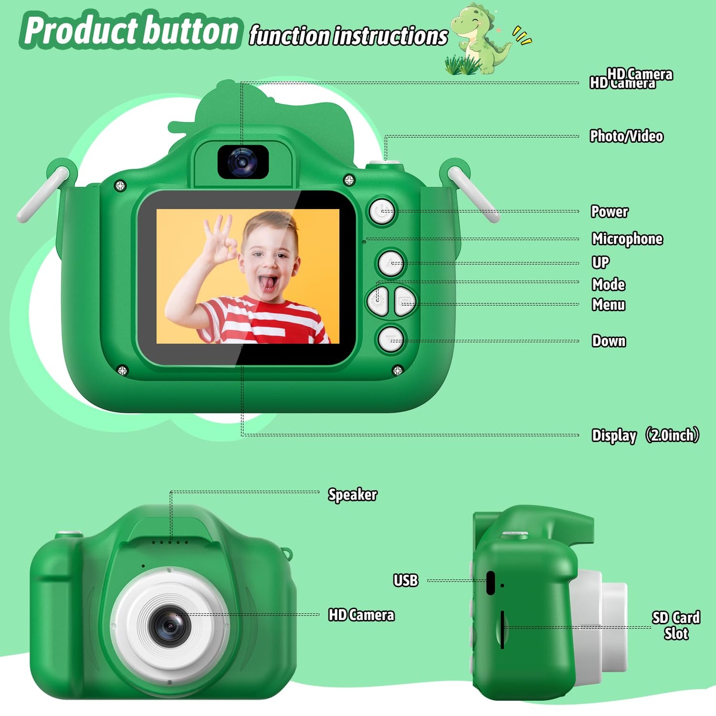 Selfie Kids Camera, Christmas Birthday Gifts for Boys Girls Age 3-12, HD Kids Digital Video Cameras for Toddler with Cartoon Soft Silicone Cover, Portable Toy for 3 4 5 6 7 8 Years Old