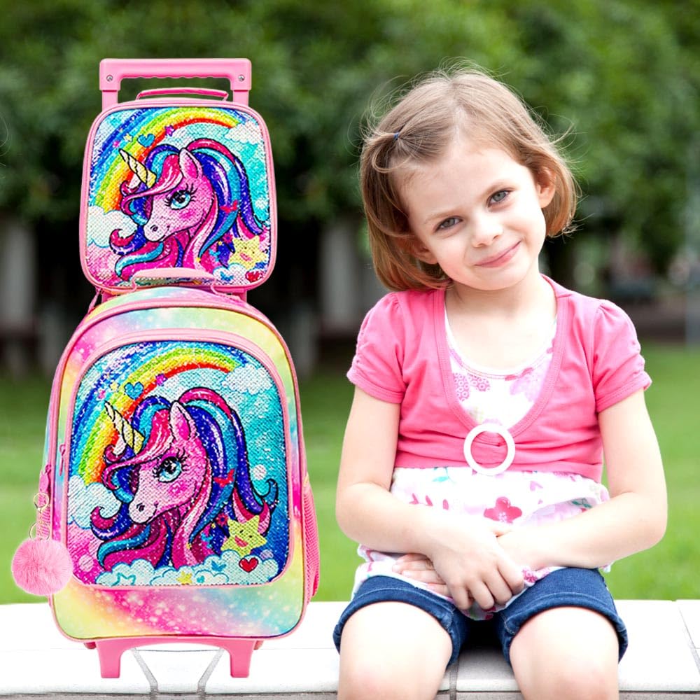 3PCS Rolling Backpack for Girls Boys, Kids Roller Wheeled Bookbag with Lunch Box, Backpacks with Wheels for Elementary