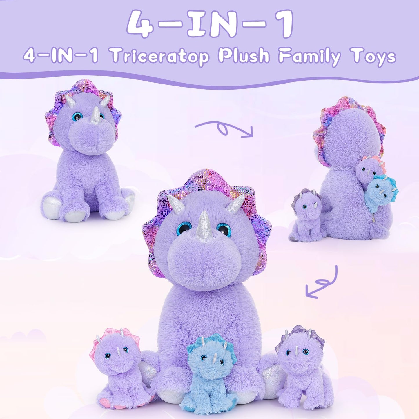 MaoGoLan 4 Pcs Dinosaur Stuffed Animals for Girls,Purple Stuffed Dinosaurs Plush Toys Set for Toddlers, Mummy Dinosaur with 3 Baby Triceratops Plushies, for Kids