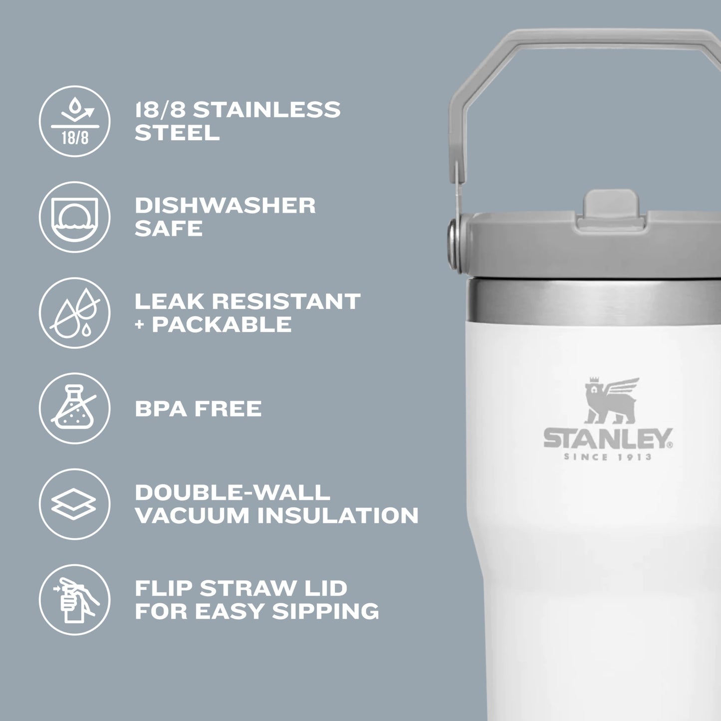 STANLEY IceFlow Stainless Steel Tumbler with Straw, Vacuum Insulated Water Bottle for Home, Office or Car, Reusable Cup with Straw Leak Resistant Flip