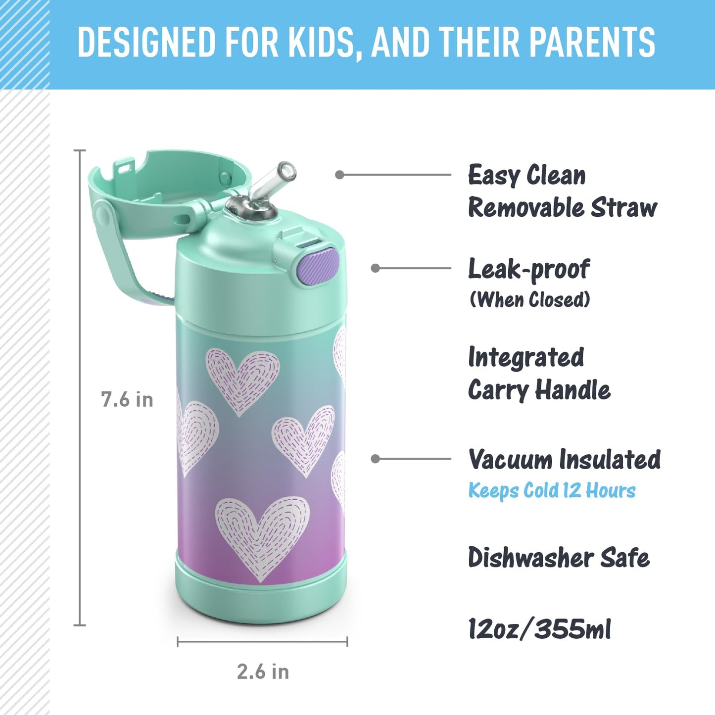 THERMOS FUNTAINER Water Bottle with Straw - 12 Ounce, Pokémon - Kids Stainless Steel Vacuum Insulated Water Bottle with Lid