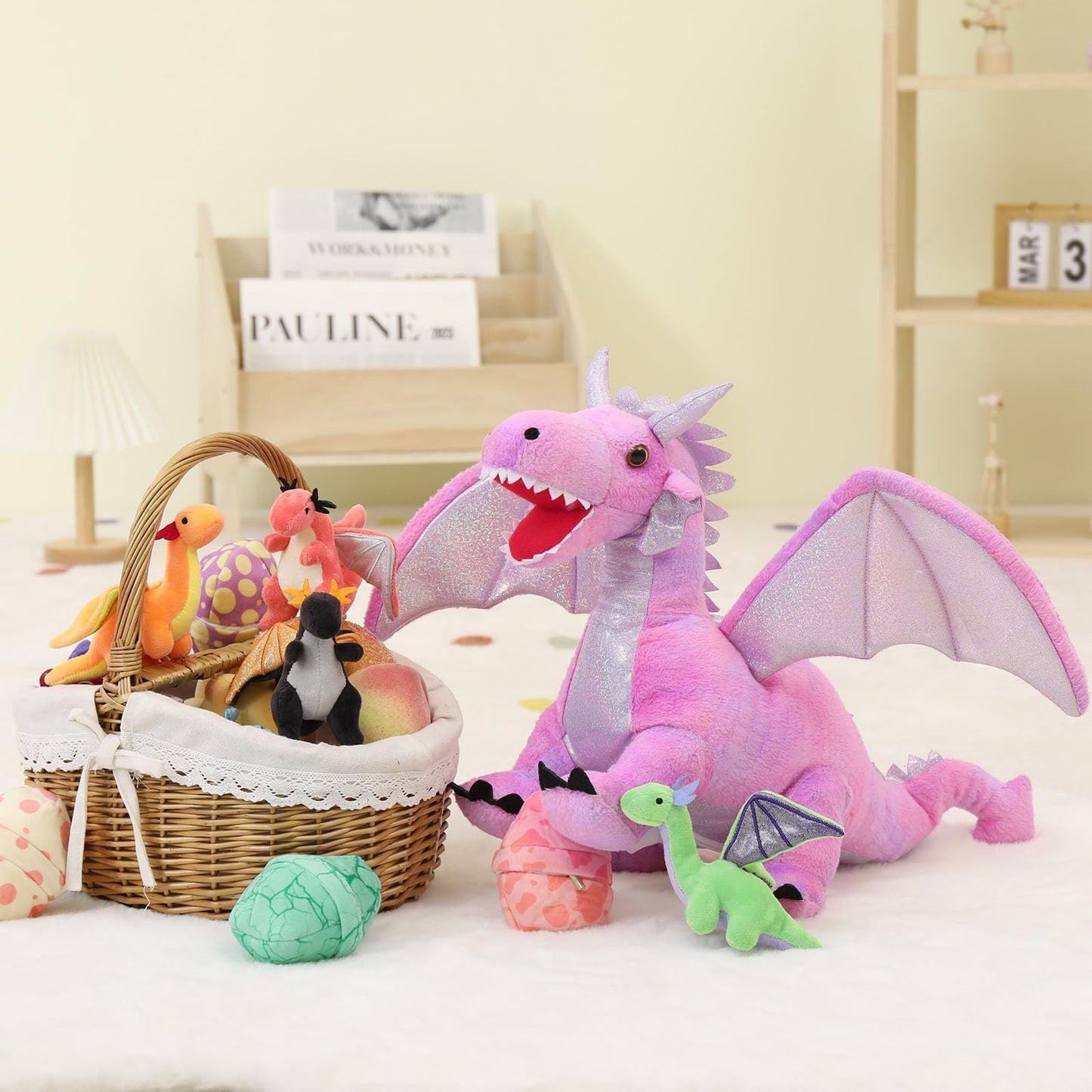 MaoGoLan 4 Pcs Dinosaur Stuffed Animals for Girls,Purple Stuffed Dinosaurs Plush Toys Set for Toddlers, Mummy Dinosaur with 3 Baby Triceratops Plushies, for Kids