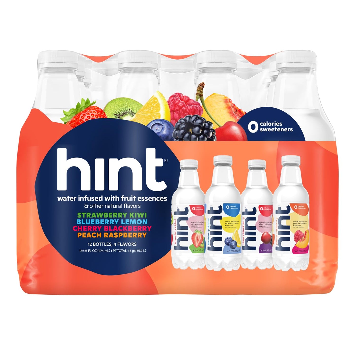 Hint Water Red Variety Pack, 3 Bottles Each of: Peach, Raspberry, Watermelon, and Strawberry Lemon, Zero Calories, Zero Sugar and Zero Sweeteners, 16 Fl Oz (Pack of 12)