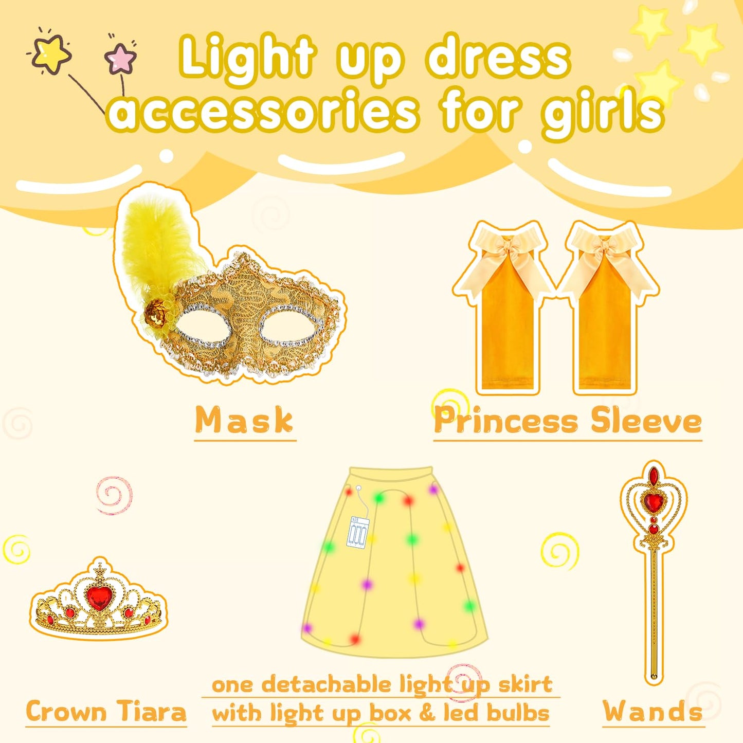 Light Up Princess Dress for Girls Yellow Princess Lighted Dress Up for Halloween Carnival Cosplay Birthday Party