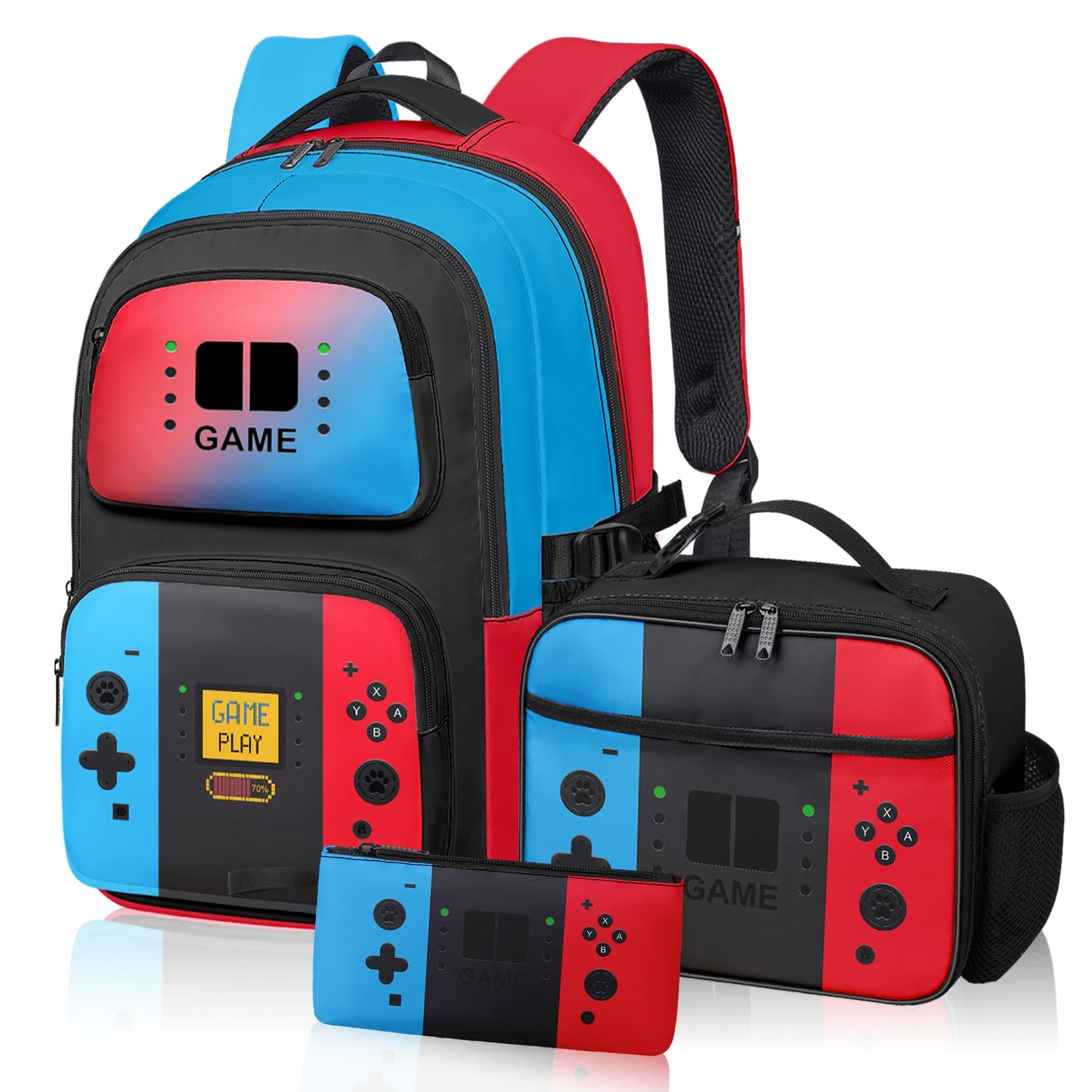 Game Backpack Set for Boys Kids, Gaming Kids Boys Backpack with Lunch Box and Pencil Bag, Large Capacity Game School Bag 17"