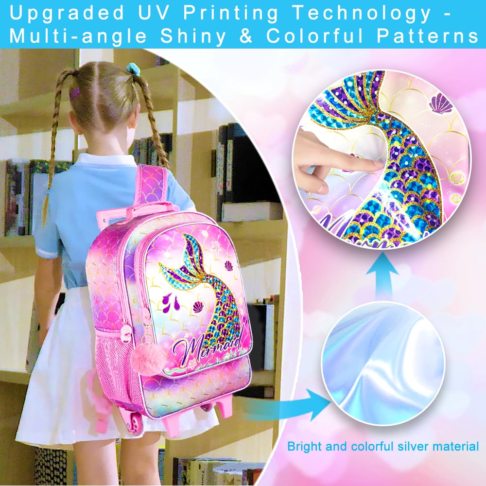 3PCS Rolling Backpack for Girls Boys, Kids Roller Wheeled Bookbag with Lunch Box, Backpacks with Wheels for Elementary