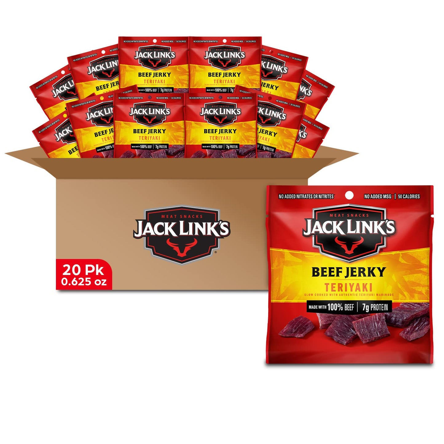 Jack Link's Beef Jerky, Teriyaki - Flavorful Meat Snack for Lunches, Ready to Eat Snacks - 7g of Protein, Made with Premium Beef - 0.625 Oz Bags (Pack of 5)