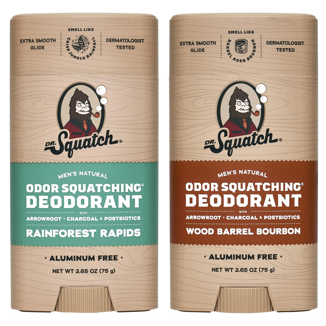 Men's Natural Deodorant - Aluminum-Free Deodorant from Dr. Squatch - Natural Deodorizer - made w/charcoal - Deodorant for Men - Smell fresh with Rainforest Rapids and Wood Barrel Bourbon (2 Pk)