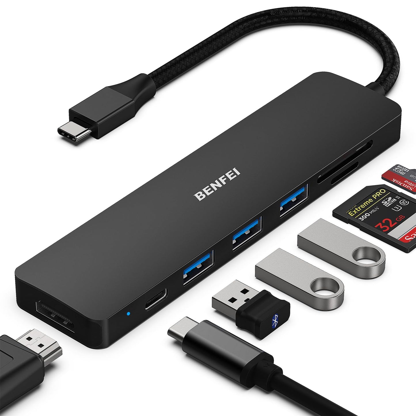 BENFEI USB C HUB 7-in-1 with HDMI(4K@60Hz,Certified), 100W Power Delivery, 3*USB 3.0, SD/TF Card Reader(160MB/s) Compatible with iPhone 15 Pro/Max, MacBook, iPad Pro, iMac, S23, XPS17