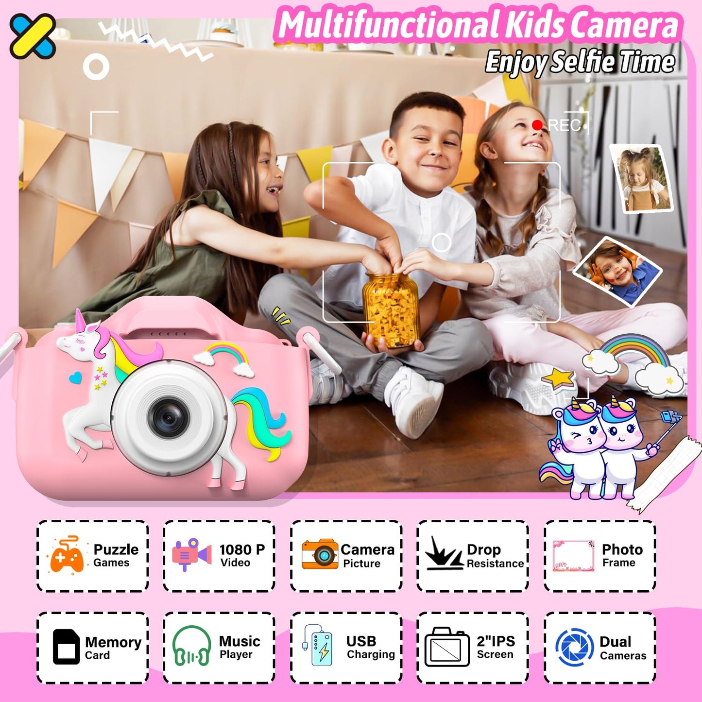 Selfie Kids Camera, Christmas Birthday Gifts for Boys Girls Age 3-12, HD Kids Digital Video Cameras for Toddler with Cartoon Soft Silicone Cover, Portable Toy for 3 4 5 6 7 8 Years Old