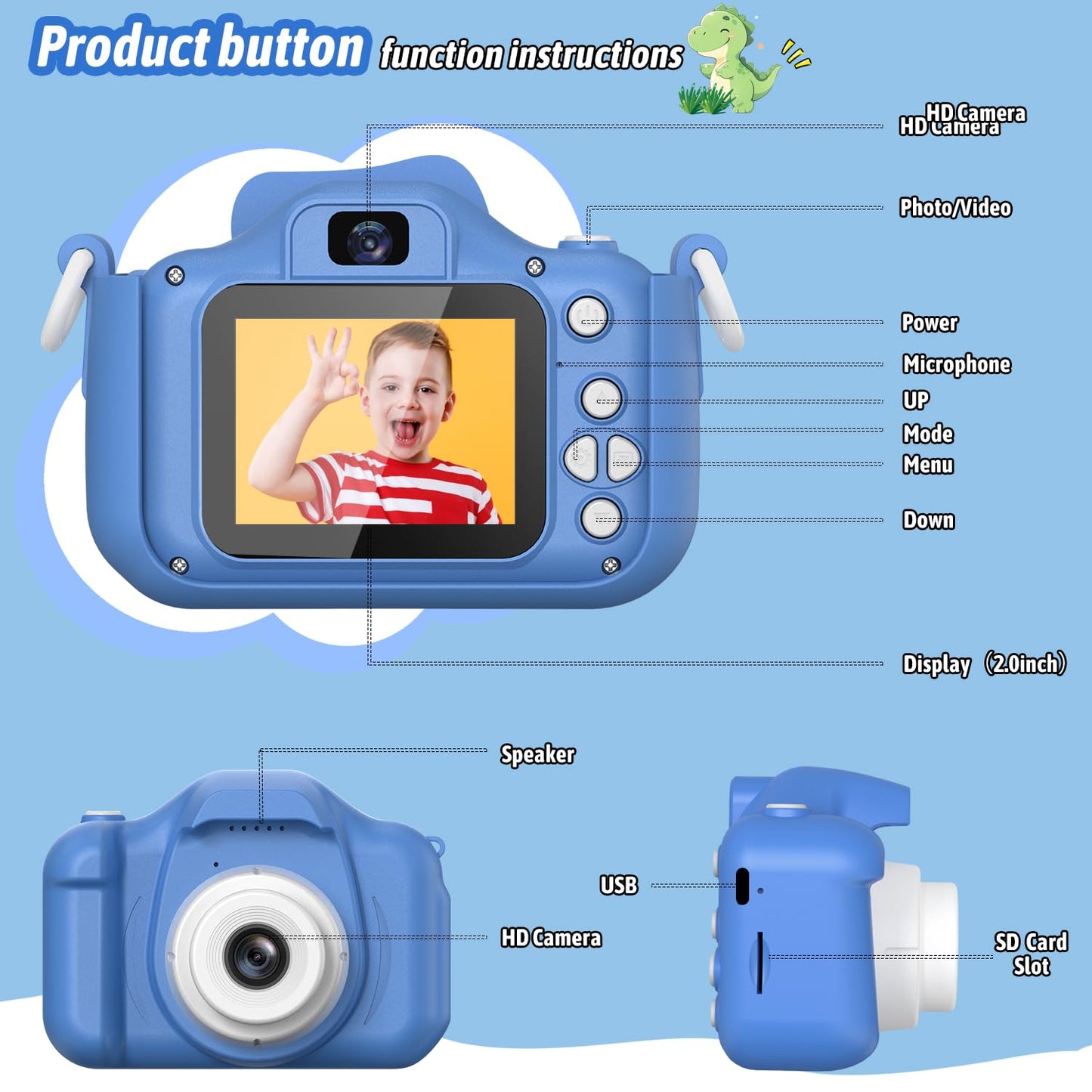 Selfie Kids Camera, Christmas Birthday Gifts for Boys Girls Age 3-12, HD Kids Digital Video Cameras for Toddler with Cartoon Soft Silicone Cover, Portable Toy for 3 4 5 6 7 8 Years Old