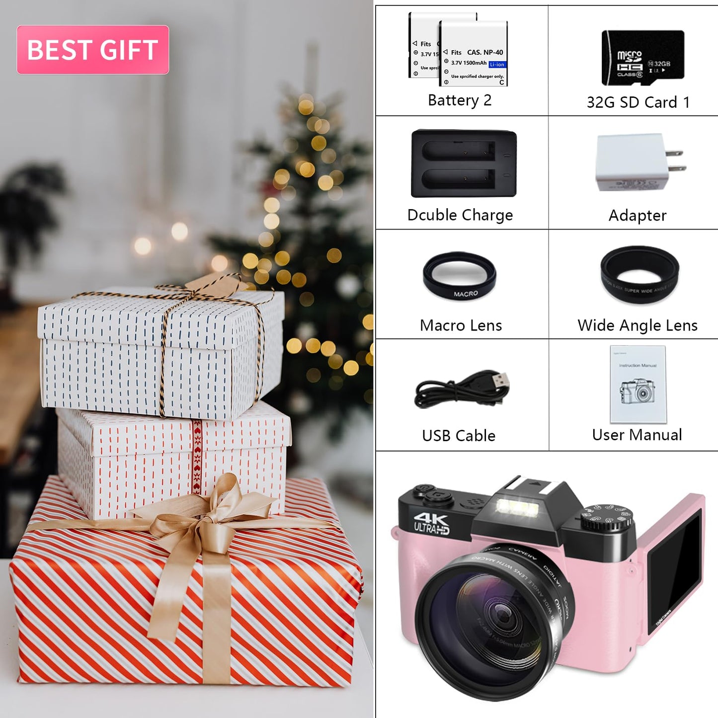 VETEK Digital Cameras for Photography, 4K 48MP Vlogging Camera 16X Digital Zoom Manual Focus Students Compact Camera with 52mm Wide-Angle Lens & Macro Lens, 32G Micro Card and 2 Batteries (Pink)