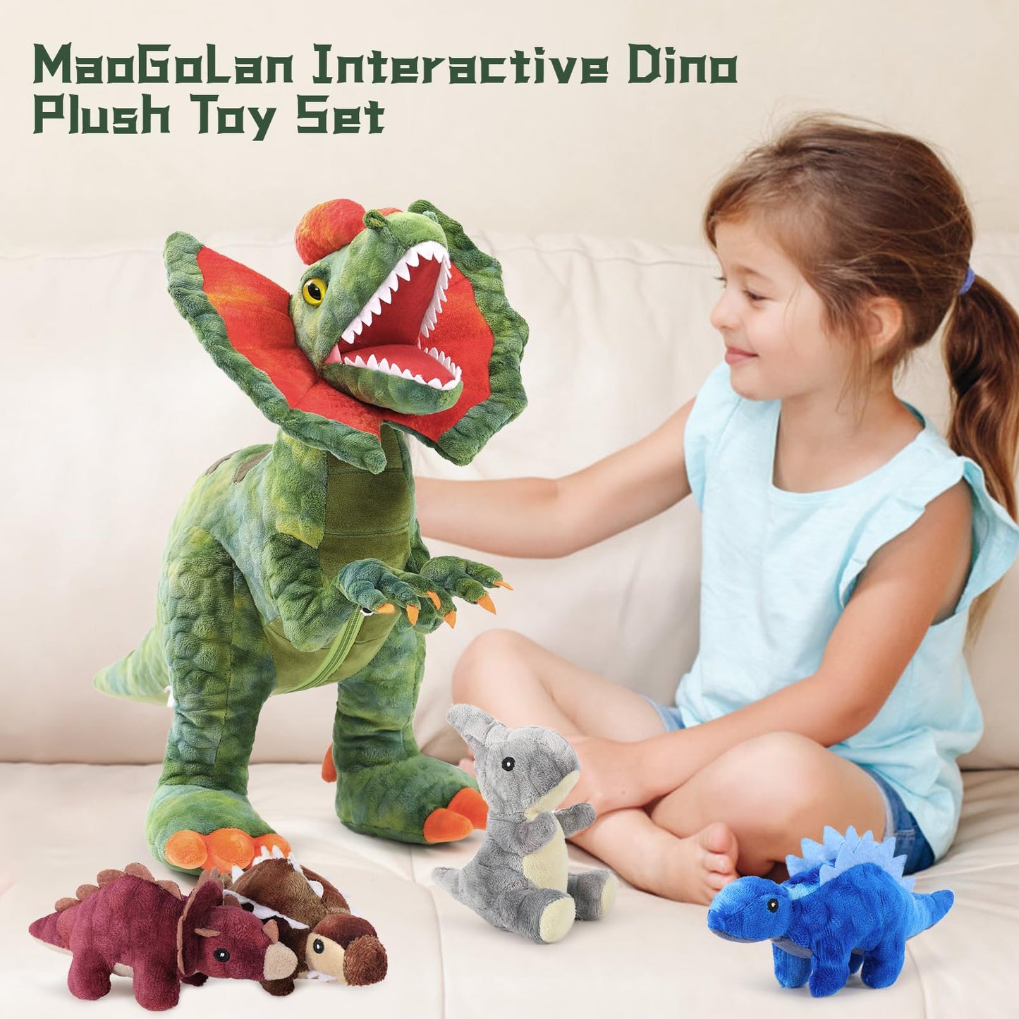 MaoGoLan 4 Pcs Dinosaur Stuffed Animals for Girls,Purple Stuffed Dinosaurs Plush Toys Set for Toddlers, Mummy Dinosaur with 3 Baby Triceratops Plushies, for Kids