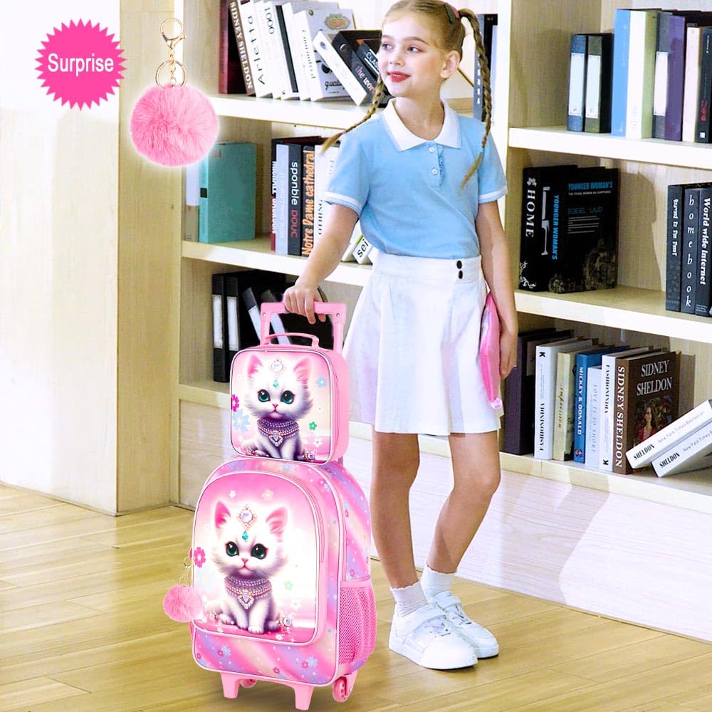 3PCS Rolling Backpack for Girls Boys, Kids Roller Wheeled Bookbag with Lunch Box, Backpacks with Wheels for Elementary