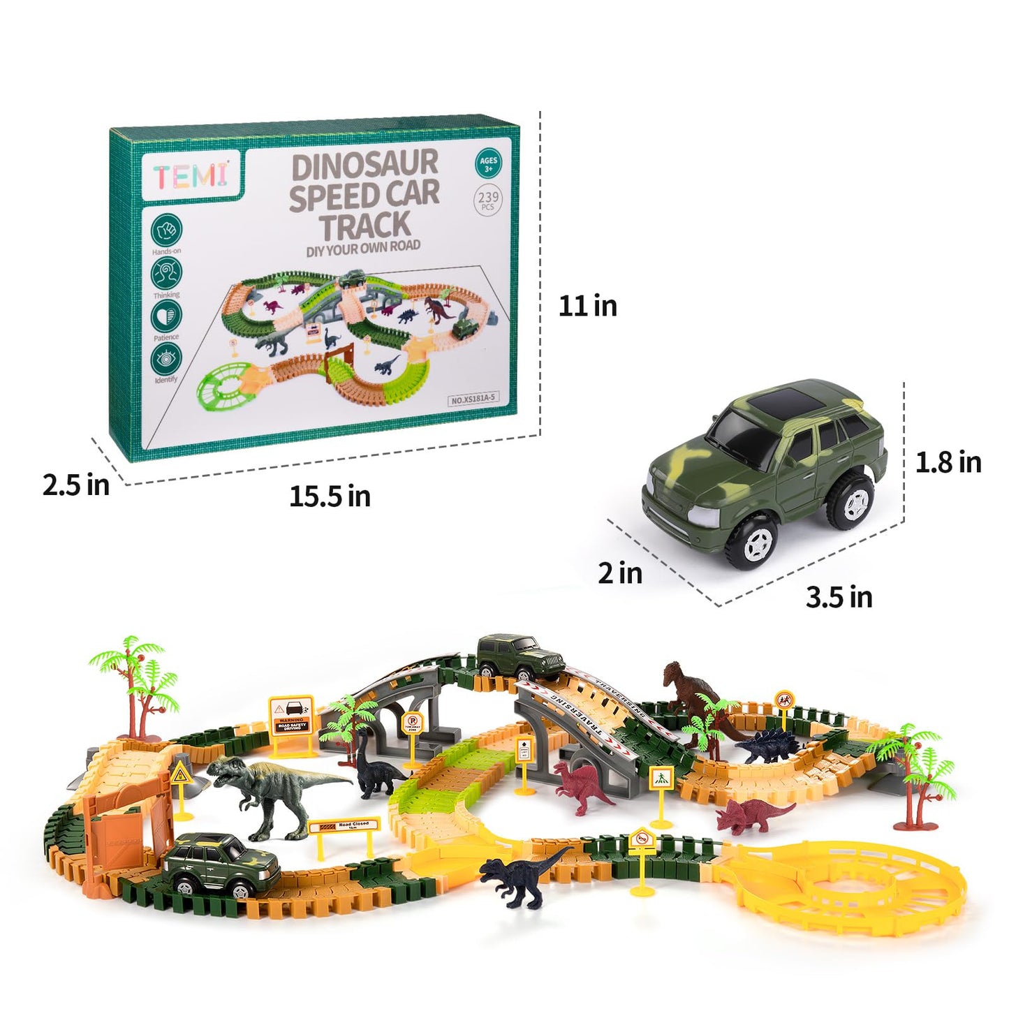 TEMI 348PCS Dinosaur Train Toys for Kids 3 4 5 6 7 Years, Longer Track, 6 Realistic Jurassic Dino Figures, 2 Electric Toy Cars, Twisted Flexible Train Track Set for Toddlers, Boys & Girls