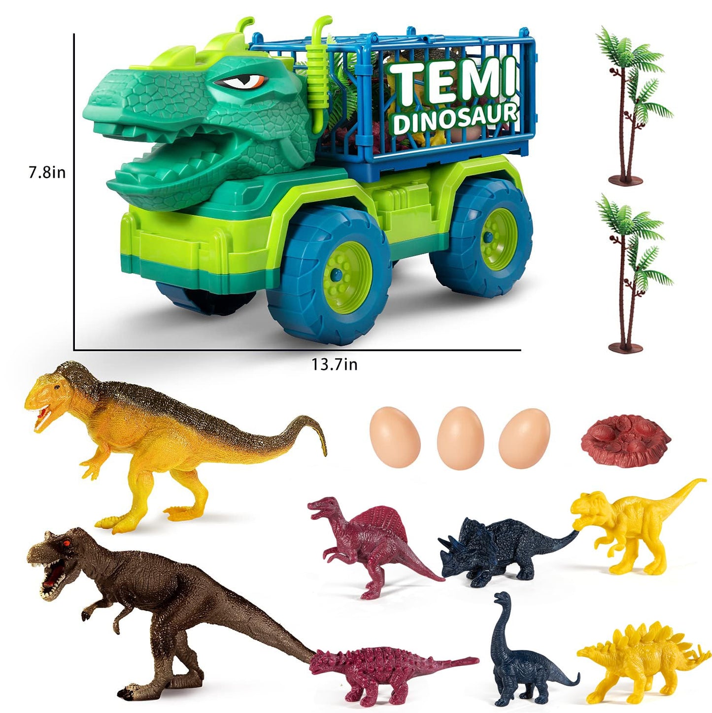 TEMI Dinosaur Truck Toys for Kids 3-5 Years, Tyrannosaurus Transport Car Carrier Truck with 8 Dino Figures, Activity Play Mat, Dinosaur Eggs, Trees, Capture Jurassic Play Set for Boys and Girls