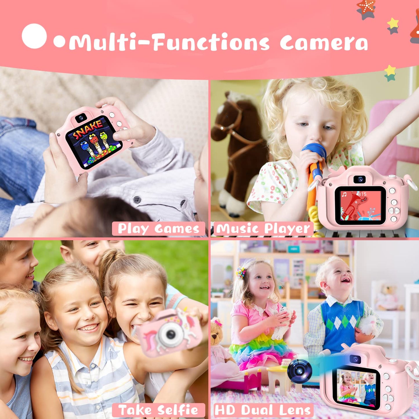 Selfie Kids Camera, Christmas Birthday Gifts for Boys Girls Age 3-12, HD Kids Digital Video Cameras for Toddler with Cartoon Soft Silicone Cover, Portable Toy for 3 4 5 6 7 8 Years Old