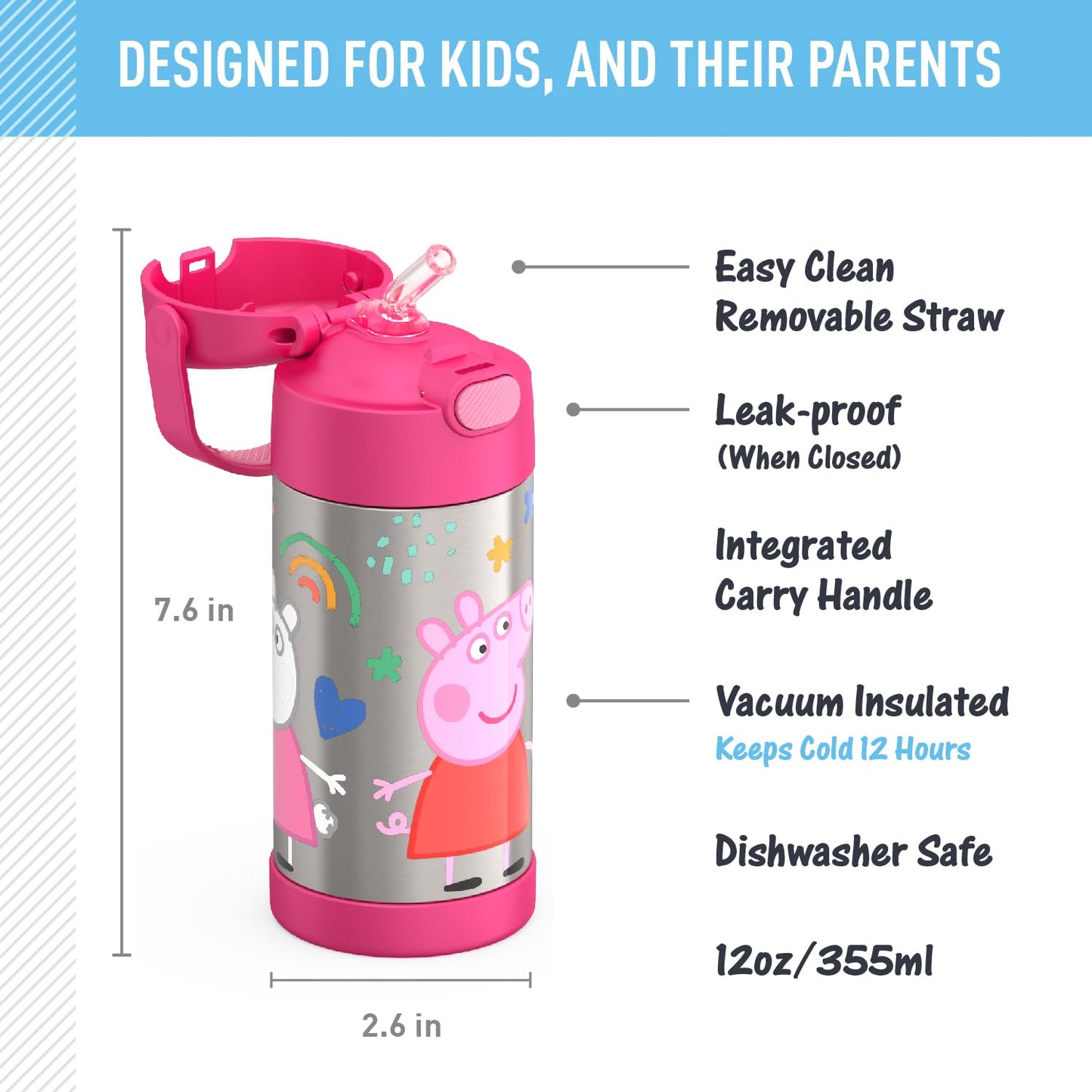 THERMOS FUNTAINER Water Bottle with Straw - 12 Ounce, Pokémon - Kids Stainless Steel Vacuum Insulated Water Bottle with Lid