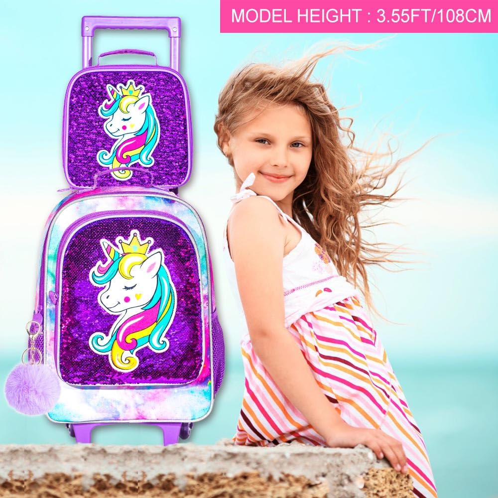 3PCS Rolling Backpack for Girls Boys, Kids Roller Wheeled Bookbag with Lunch Box, Backpacks with Wheels for Elementary