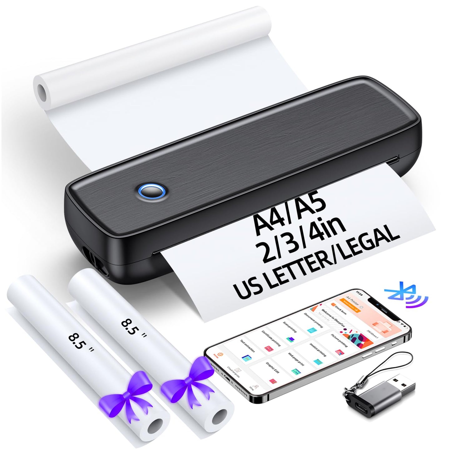 Portable Printer Wireless for Travel，Bluetooth Thermal Printer Support 8.5" X 11" US Letter &Legal, A4&A5 Thermal Paper, Inkless Printer Compatible with iOS, Android & Laptop for Office Car Home