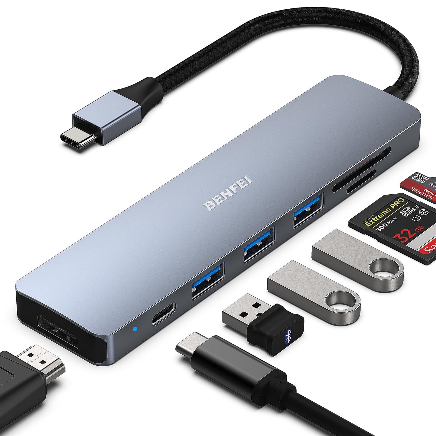 BENFEI USB C HUB 7-in-1 with HDMI(4K@60Hz,Certified), 100W Power Delivery, 3*USB 3.0, SD/TF Card Reader(160MB/s) Compatible with iPhone 15 Pro/Max, MacBook, iPad Pro, iMac, S23, XPS17