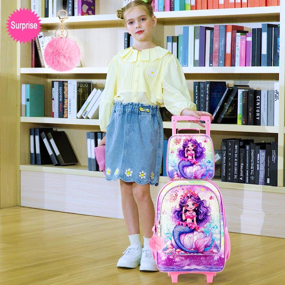 3PCS Rolling Backpack for Girls Boys, Kids Roller Wheeled Bookbag with Lunch Box, Backpacks with Wheels for Elementary