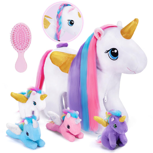 OUOZZZ Unicorn Stuffed Animal with 4 Babies Inside and a Comb 14.7" Colorful Rainbow Unicorn Plush for Kids, Girls, Daughters on Birthday, Christmas, Easter