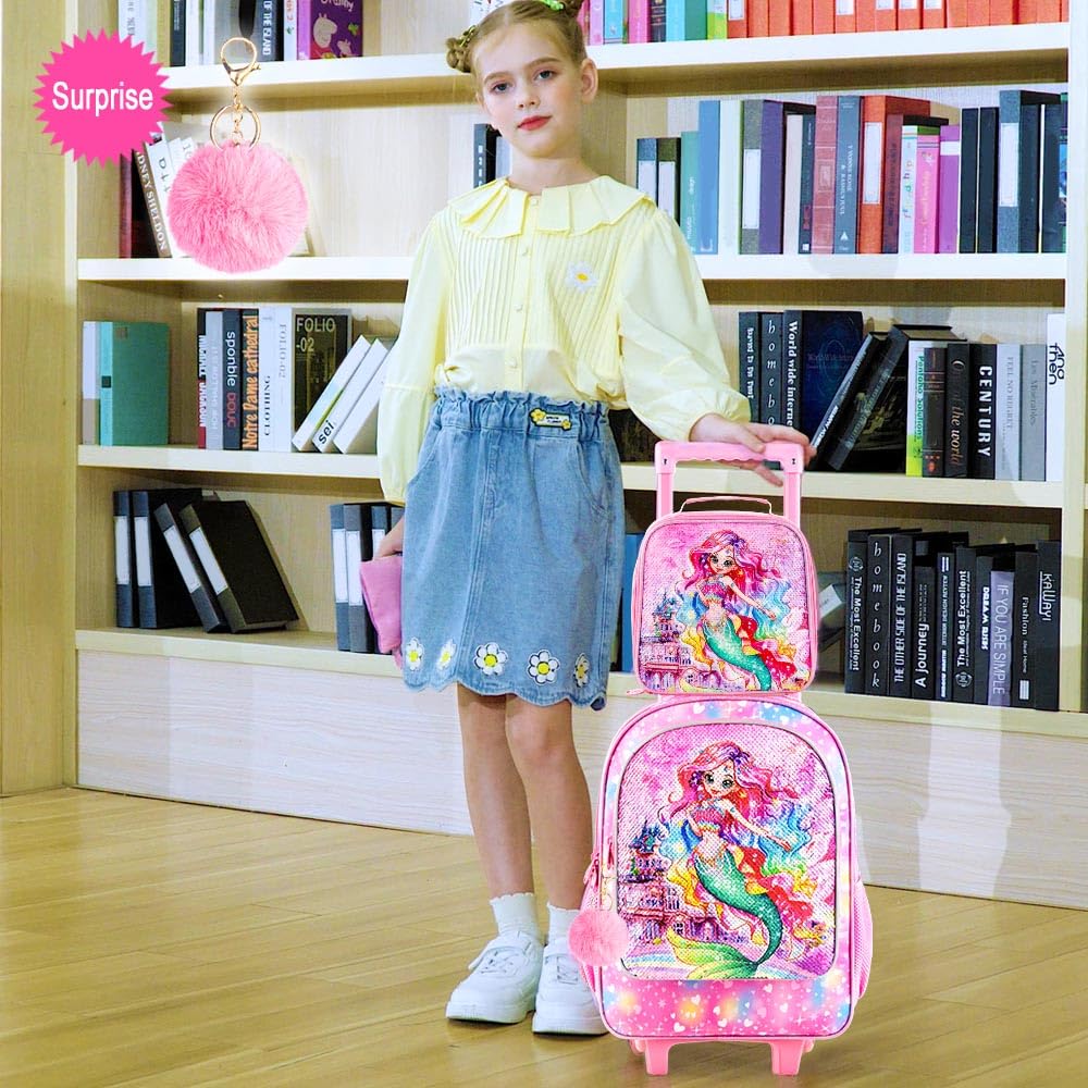 3PCS Rolling Backpack for Girls Boys, Kids Roller Wheeled Bookbag with Lunch Box, Backpacks with Wheels for Elementary