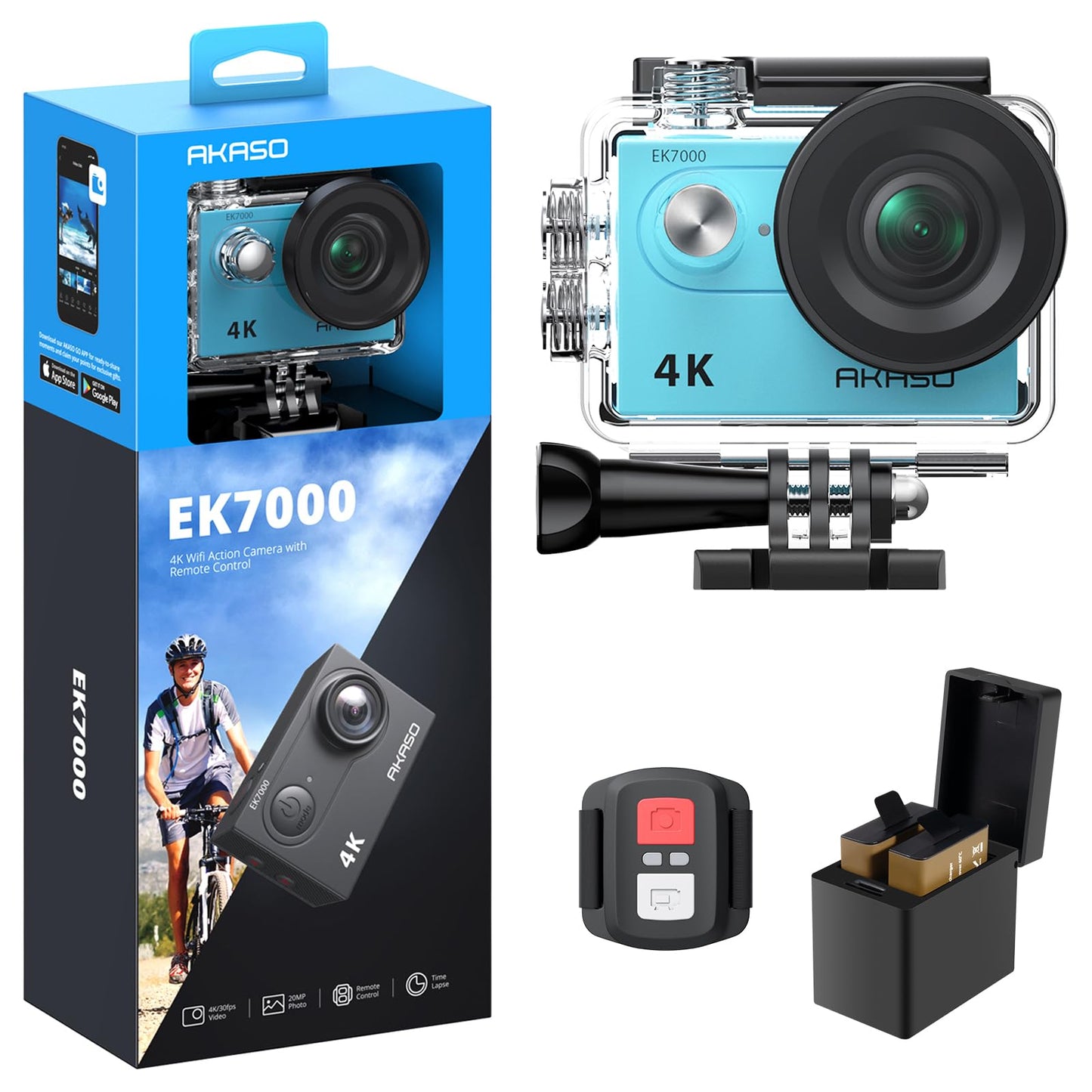 AKASO EK7000 4K30FPS 20MP WiFi Action Camera with EIS Ultra HD Underwater Camera 131FT Waterproof Camera Remote Control 4X Zoom in Photo Mode Support External Microphone Black