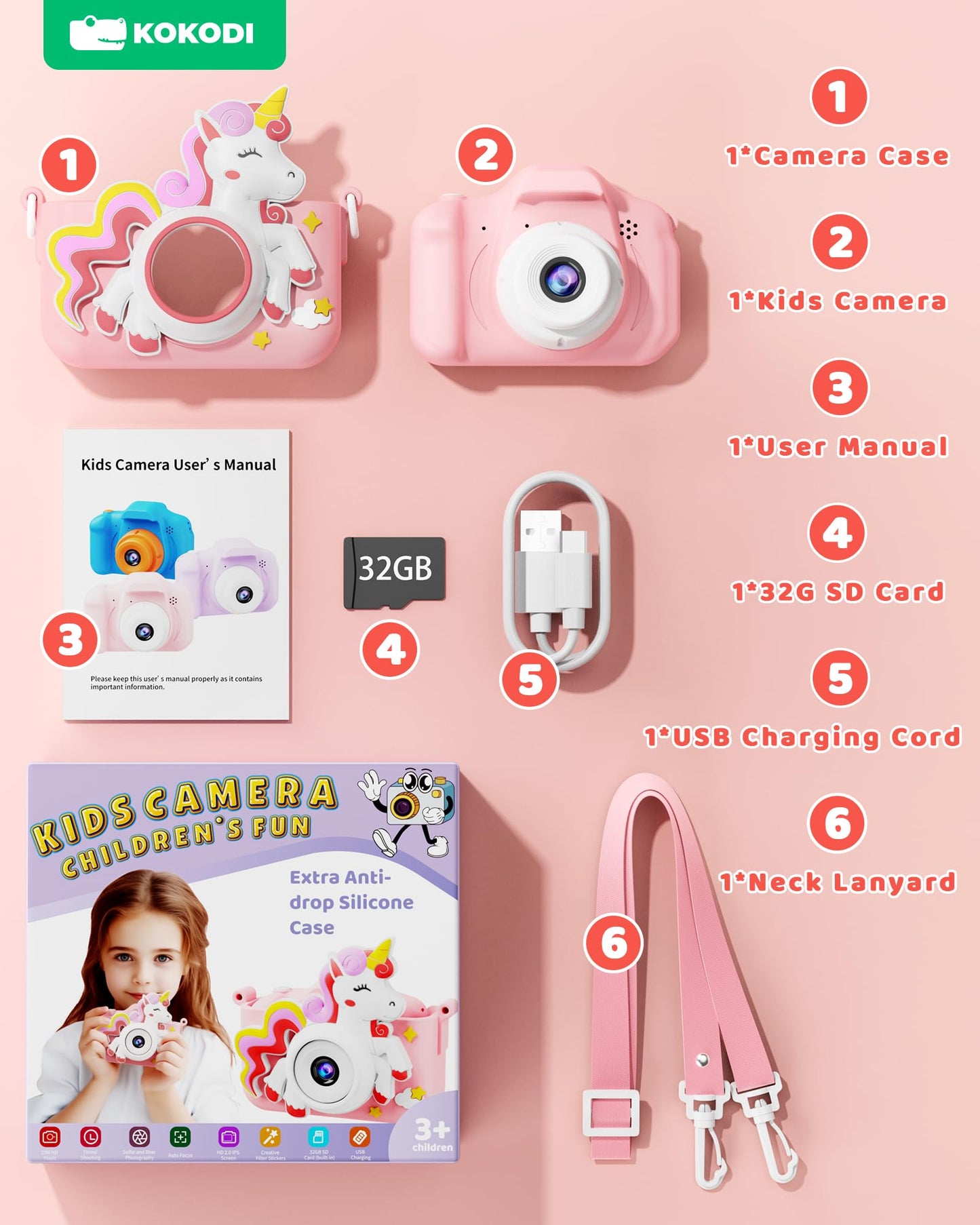 KOKODI Kids Camera Toy Digital Camera for Kids, Birthday Gifts for Girls Age 3-12, 1080P HD Video Camera for Toddler, Unicorn Children Toys for 3 4 5 6 7 8 9 Year Old Girls with 32GB SD Card