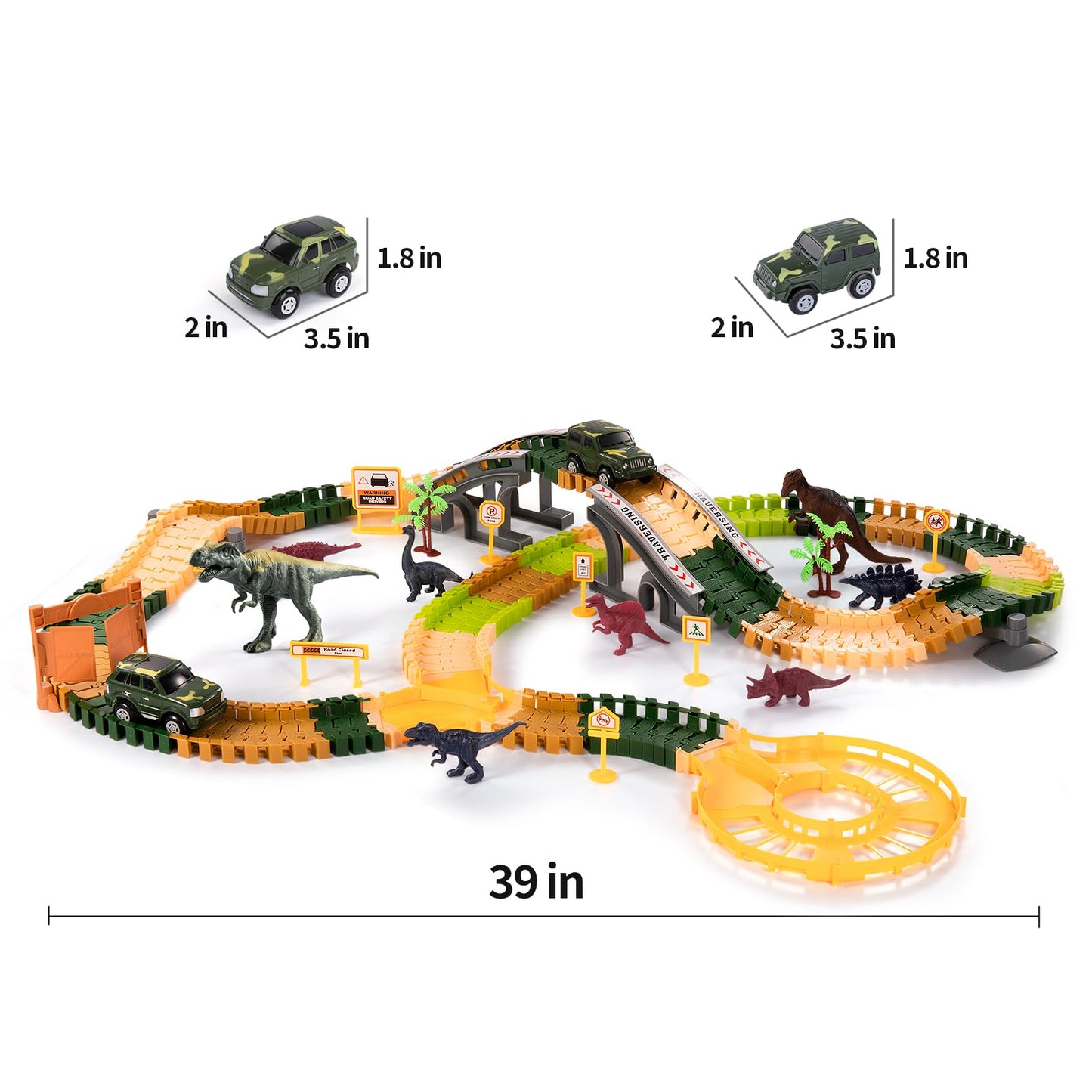 TEMI 348PCS Dinosaur Train Toys for Kids 3 4 5 6 7 Years, Longer Track, 6 Realistic Jurassic Dino Figures, 2 Electric Toy Cars, Twisted Flexible Train Track Set for Toddlers, Boys & Girls