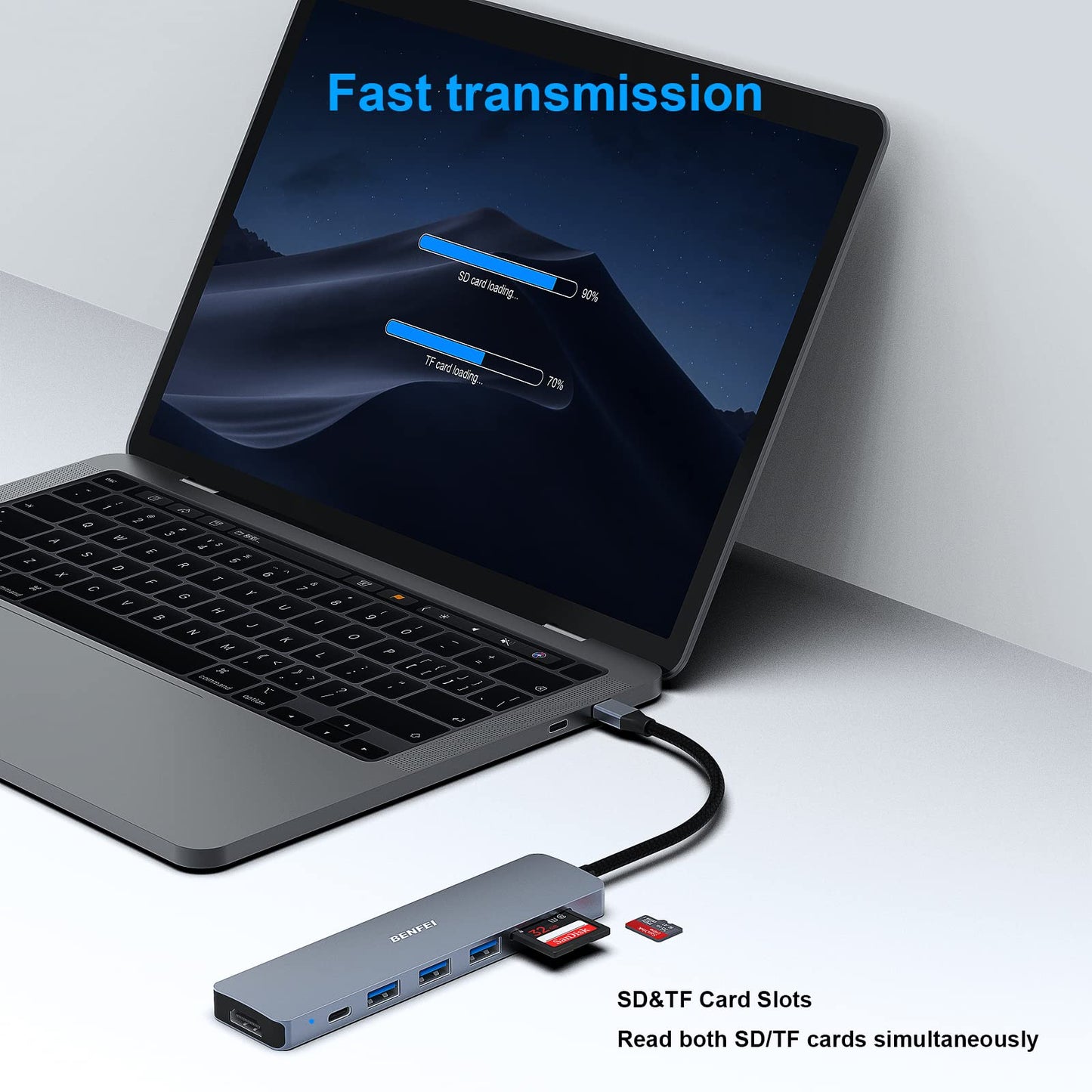 BENFEI USB C HUB 7-in-1 with HDMI(4K@60Hz,Certified), 100W Power Delivery, 3*USB 3.0, SD/TF Card Reader(160MB/s) Compatible with iPhone 15 Pro/Max, MacBook, iPad Pro, iMac, S23, XPS17