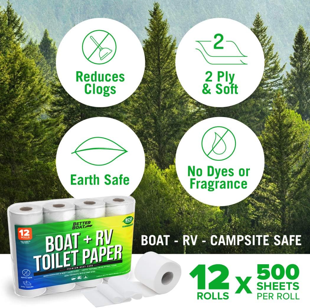 Boat and RV Toilet Paper Septic Safe Tissue Toilet Quick Dissolving 12 Single (1) Rolls for Marine and Travel Camper Systems Camping Biodegradable Supplies Dissolve and Tank Safe | TP Bulk Pack 2 Ply