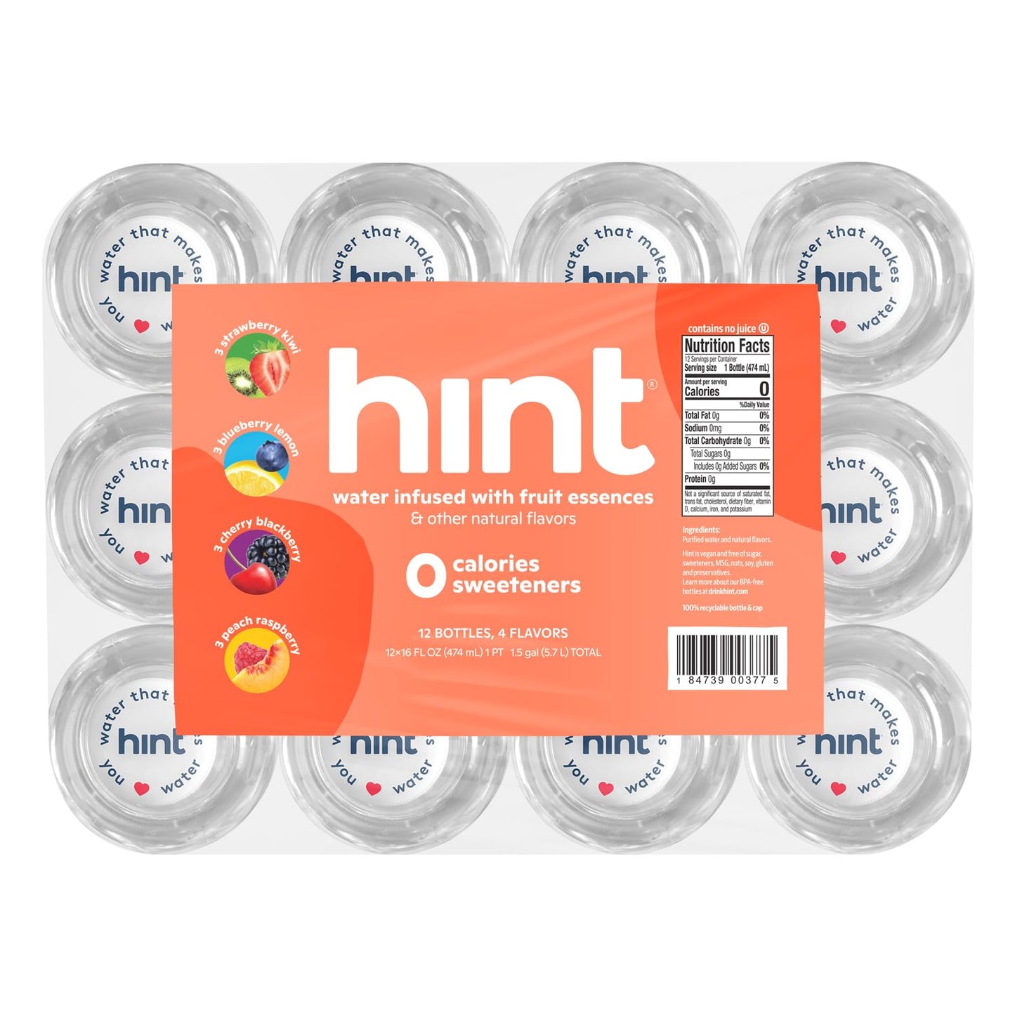 Hint Water Red Variety Pack, 3 Bottles Each of: Peach, Raspberry, Watermelon, and Strawberry Lemon, Zero Calories, Zero Sugar and Zero Sweeteners, 16 Fl Oz (Pack of 12)