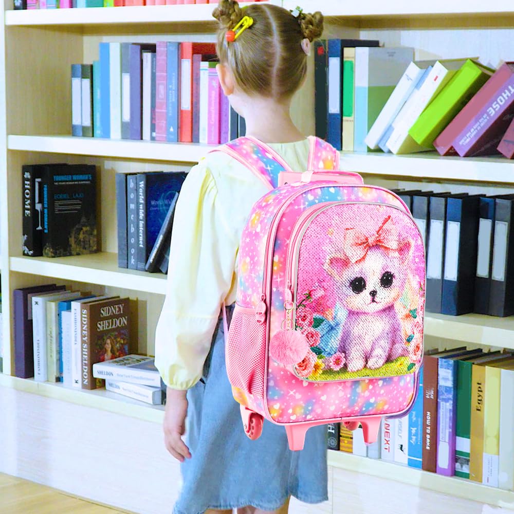 3PCS Rolling Backpack for Girls Boys, Kids Roller Wheeled Bookbag with Lunch Box, Backpacks with Wheels for Elementary