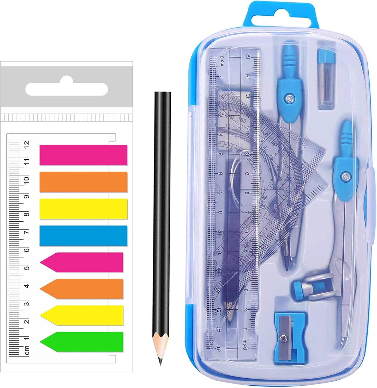 Maths Compasses Starter Geometry Kit with 2 Drafting Compasses Protractor Set Squares Ruler and More for Students Maths Study Homework, Blue