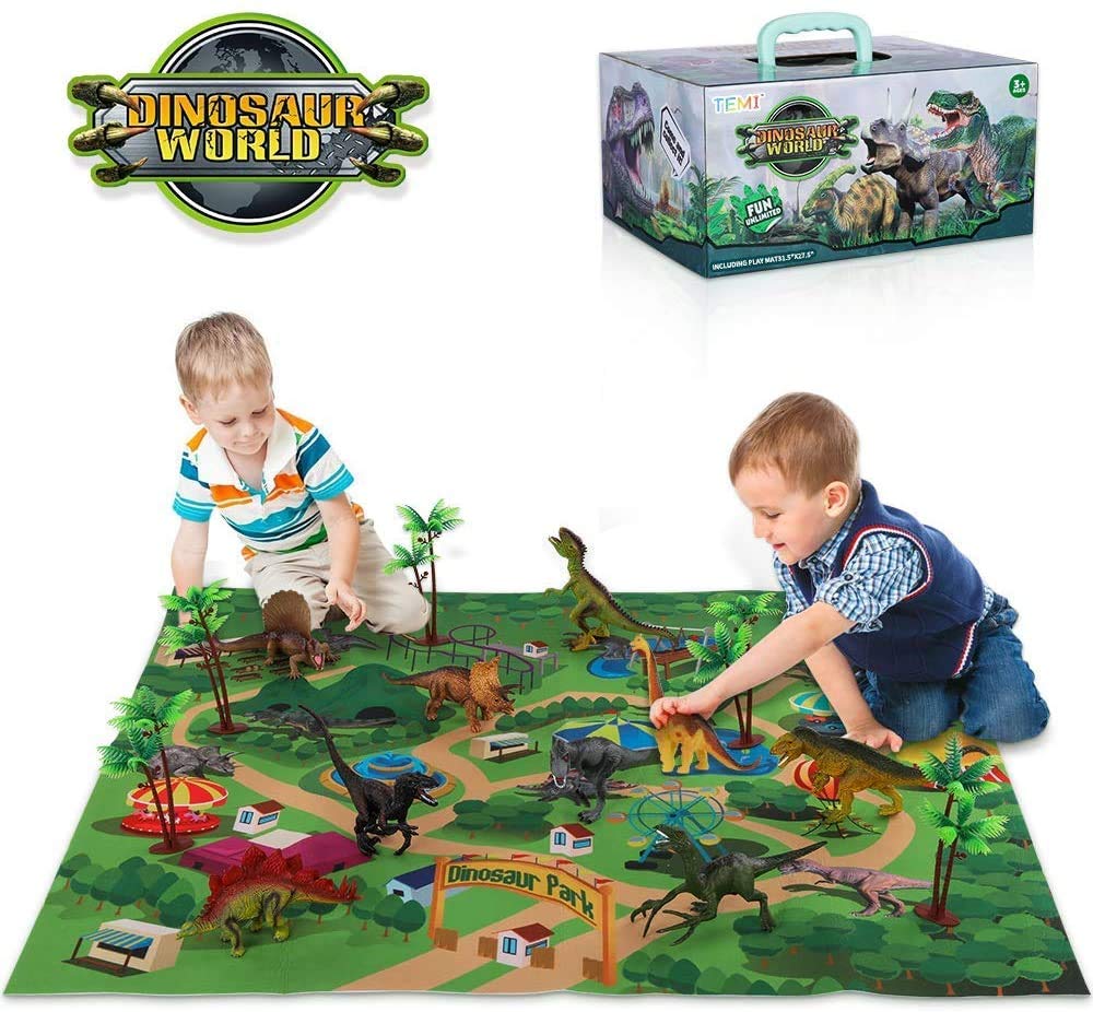 TEMI Dinosaur Truck Toys for Kids 3-5 Years, Tyrannosaurus Transport Car Carrier Truck with 8 Dino Figures, Activity Play Mat, Dinosaur Eggs, Trees, Capture Jurassic Play Set for Boys and Girls