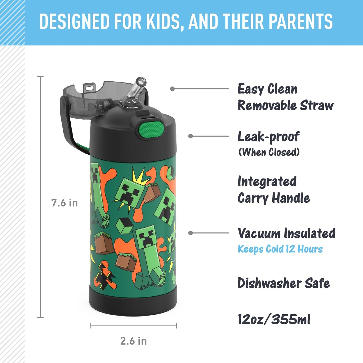 THERMOS FUNTAINER Water Bottle with Straw - 12 Ounce, Pokémon - Kids Stainless Steel Vacuum Insulated Water Bottle with Lid