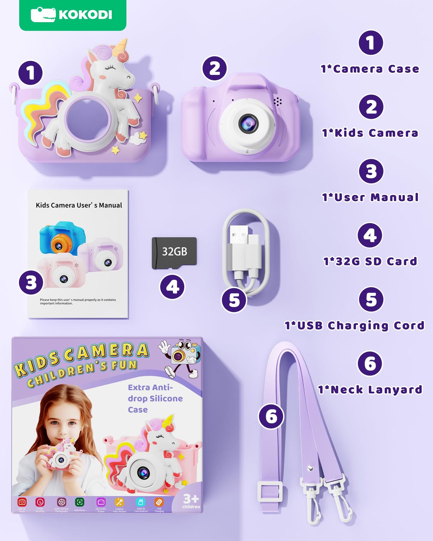 KOKODI Kids Camera Toy Digital Camera for Kids, Birthday Gifts for Girls Age 3-12, 1080P HD Video Camera for Toddler, Unicorn Children Toys for 3 4 5 6 7 8 9 Year Old Girls with 32GB SD Card