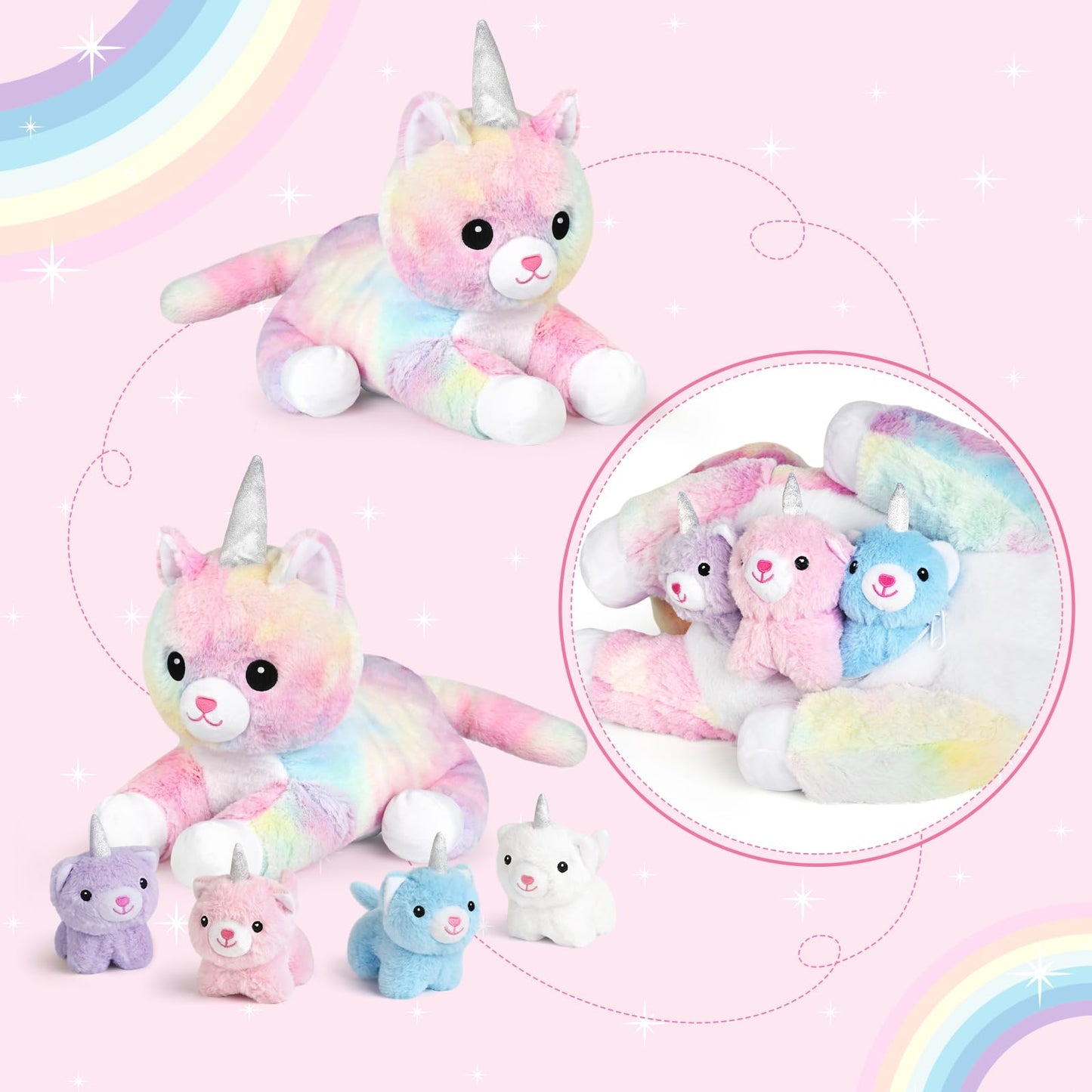 KMUYSL Toys for Girls Ages 3 4 5 6 7 8+ Years - Unicorn Mommy Stuffed Animal with 4 Baby Unicorns in Her Tummy, Soft Unicorn Plush Toys Set, Christmas Birthday Gifts for Baby, Toddler, Kids