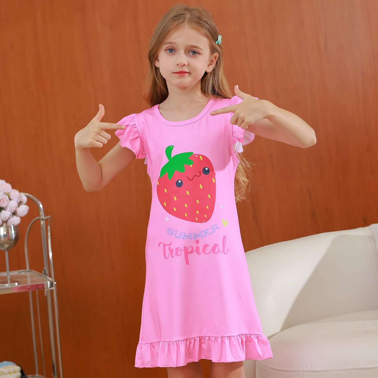 LQSZ 2Pcs Girls Nightgowns 3-10 Years Flutter Short Sleeves Nightdress Nightie Dress Sleepwear Pajamas for Little Girls