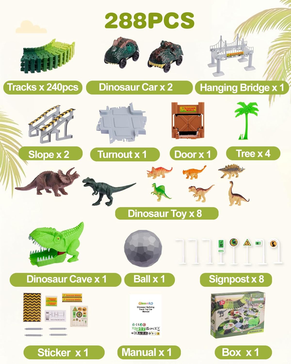 288 PCS Dinosaur Race Car Track Toys, Flexible Dinosaur Track Toy Set, Birthday Dinosaur Toys Gifts for 3 4 5 6 7 Years Old Boys Girls, 3 Year Old boy Birthday Gift