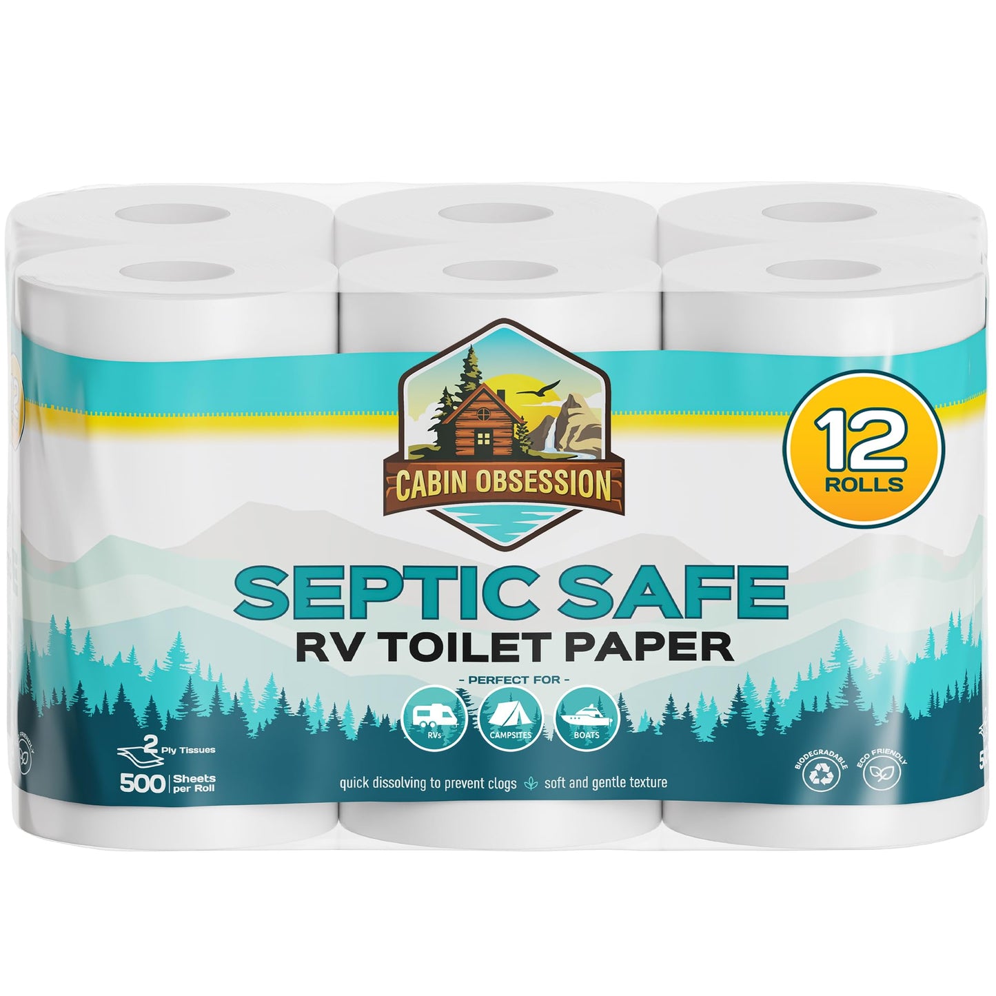 RV Toilet Paper - 12 Pack Septic Safe Toilet Paper 2-Ply Quick Dissolving Camper Toilet Paper Septic Safe to Prevent Clogs - Perfect for Automotive RVs, Septic Tank Systems, Boats, and Camping