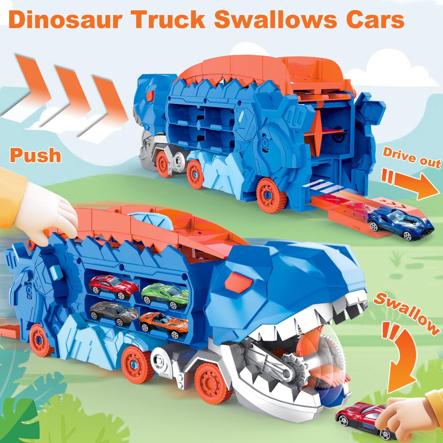 Dinosaur Toys for Kids 3-5, T-Rex Dinosaur Transport Car Carrier Truck with Foldable Sliding, City Dinosaur Ultimate Hauler Track Toy Transforms into Dino, Toys Gifts for 3 4 5 6 Years Old Boys Girls