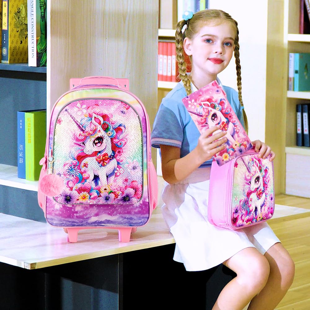 3PCS Rolling Backpack for Girls Boys, Kids Roller Wheeled Bookbag with Lunch Box, Backpacks with Wheels for Elementary