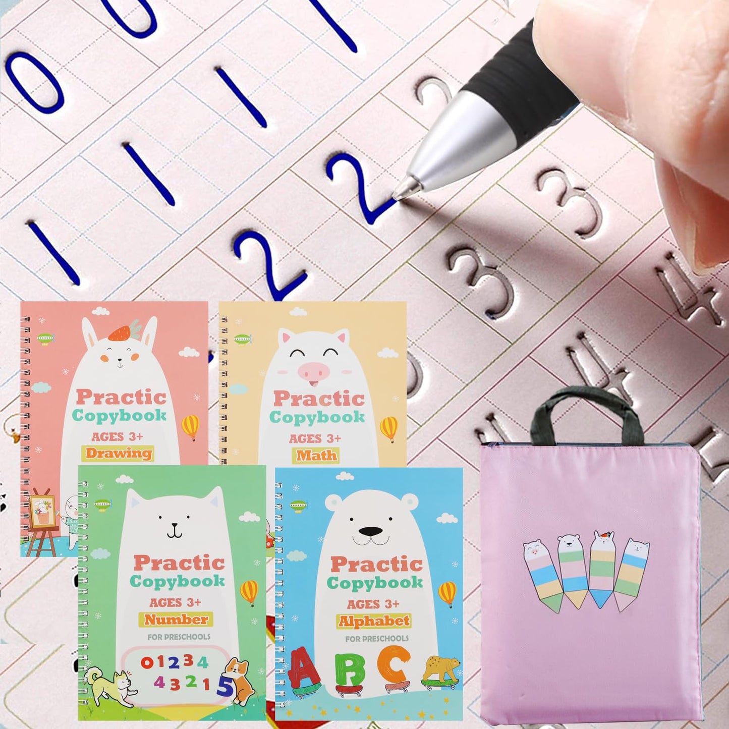 Magic Practice Copybook, Reusable Writing Practice Book, for Preschool Kids Age 3-8 Calligraphy 9.44in×6.29in(5 Books with Pens)