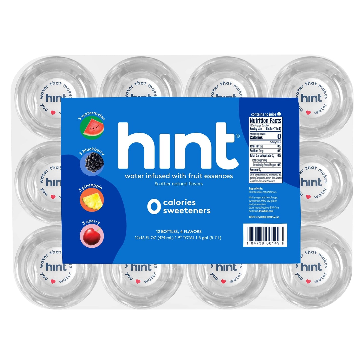 Hint Water Red Variety Pack, 3 Bottles Each of: Peach, Raspberry, Watermelon, and Strawberry Lemon, Zero Calories, Zero Sugar and Zero Sweeteners, 16 Fl Oz (Pack of 12)