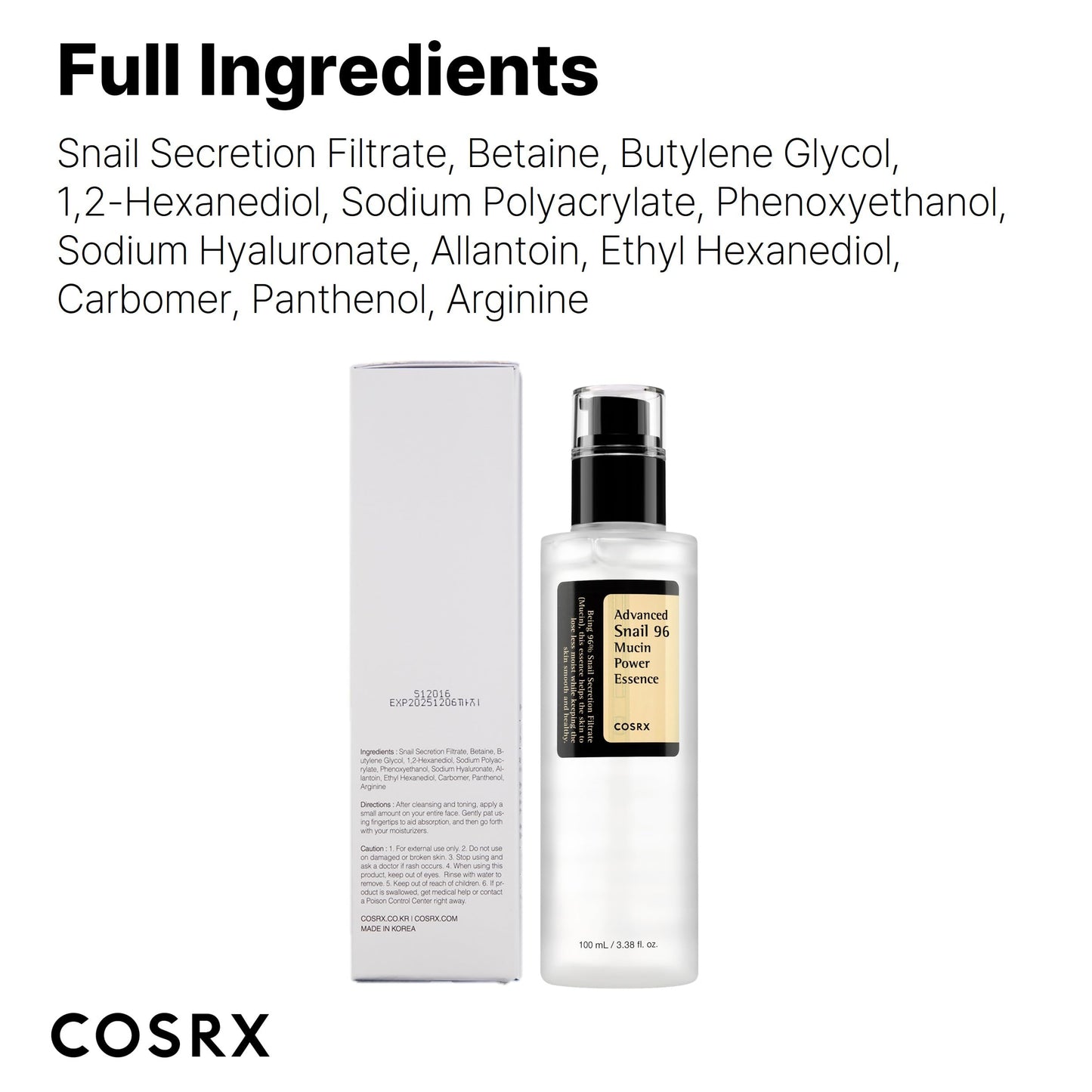 COSRX Snail Mucin 96% Power Repairing Essence 3.38 fl.oz 100ml, Hydrating Serum for Face with Snail Secretion Filtrate for Dull Skin & Fine Lines, Korean Skin Care